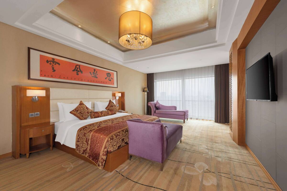 Una habitación de hotel con una cama grande, un sofá, una televisión y una araña.