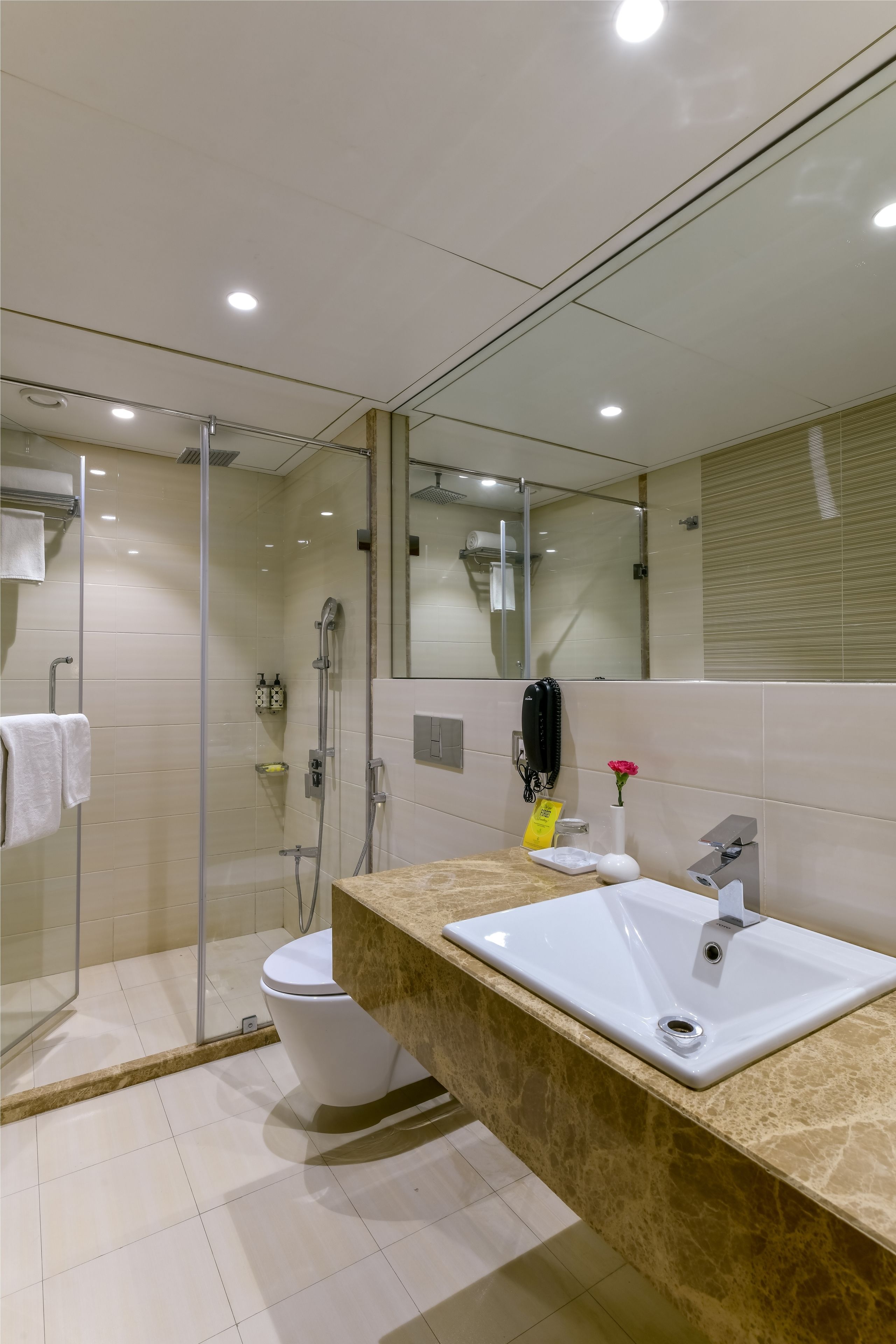 A modern bathroom with a glass-enclosed shower, a white toilet, and a beige countertop with a sink.