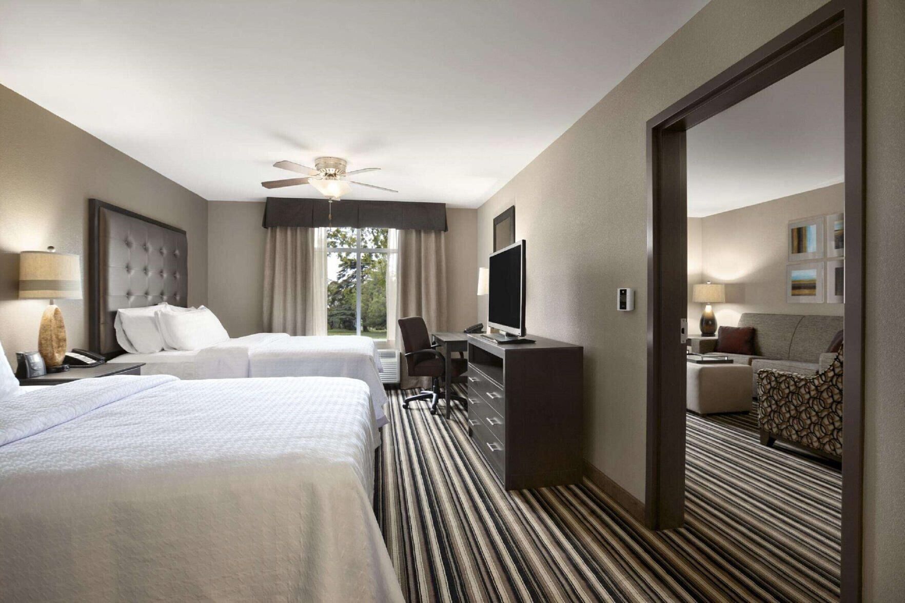 Desk, laptop workspace, blackout curtains, iron/ironing board