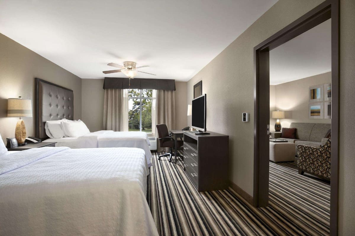 desk, laptop workspace, blackout curtains, iron/ironing board