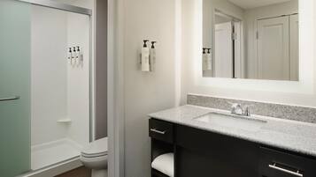 A modern bathroom with a walk-in shower, a toilet, a sink with a granite countertop, and a mirror above the sink.