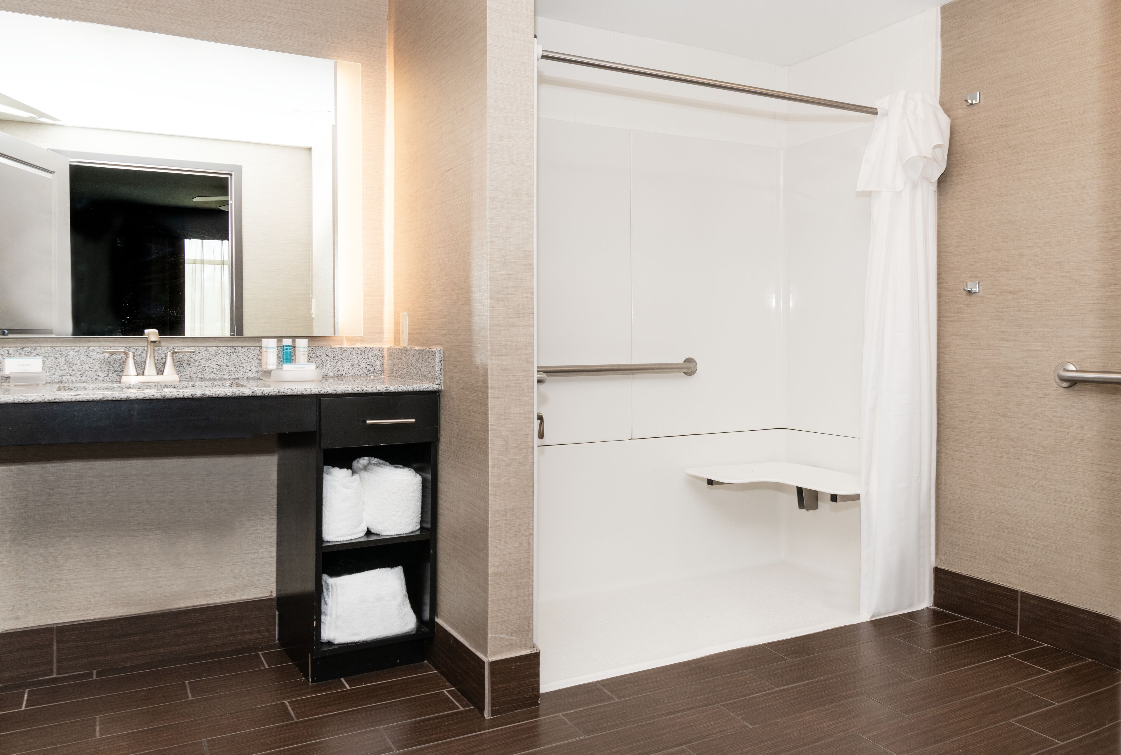 desk, laptop workspace, blackout curtains, iron/ironing board