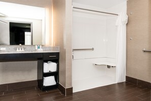 Desk, laptop workspace, blackout curtains, iron/ironing board