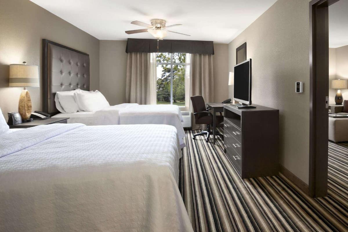 desk, laptop workspace, blackout curtains, iron/ironing board