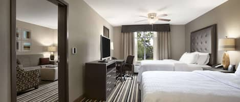 Suite, 2 Queen Beds | Desk, laptop workspace, blackout curtains, iron/ironing board