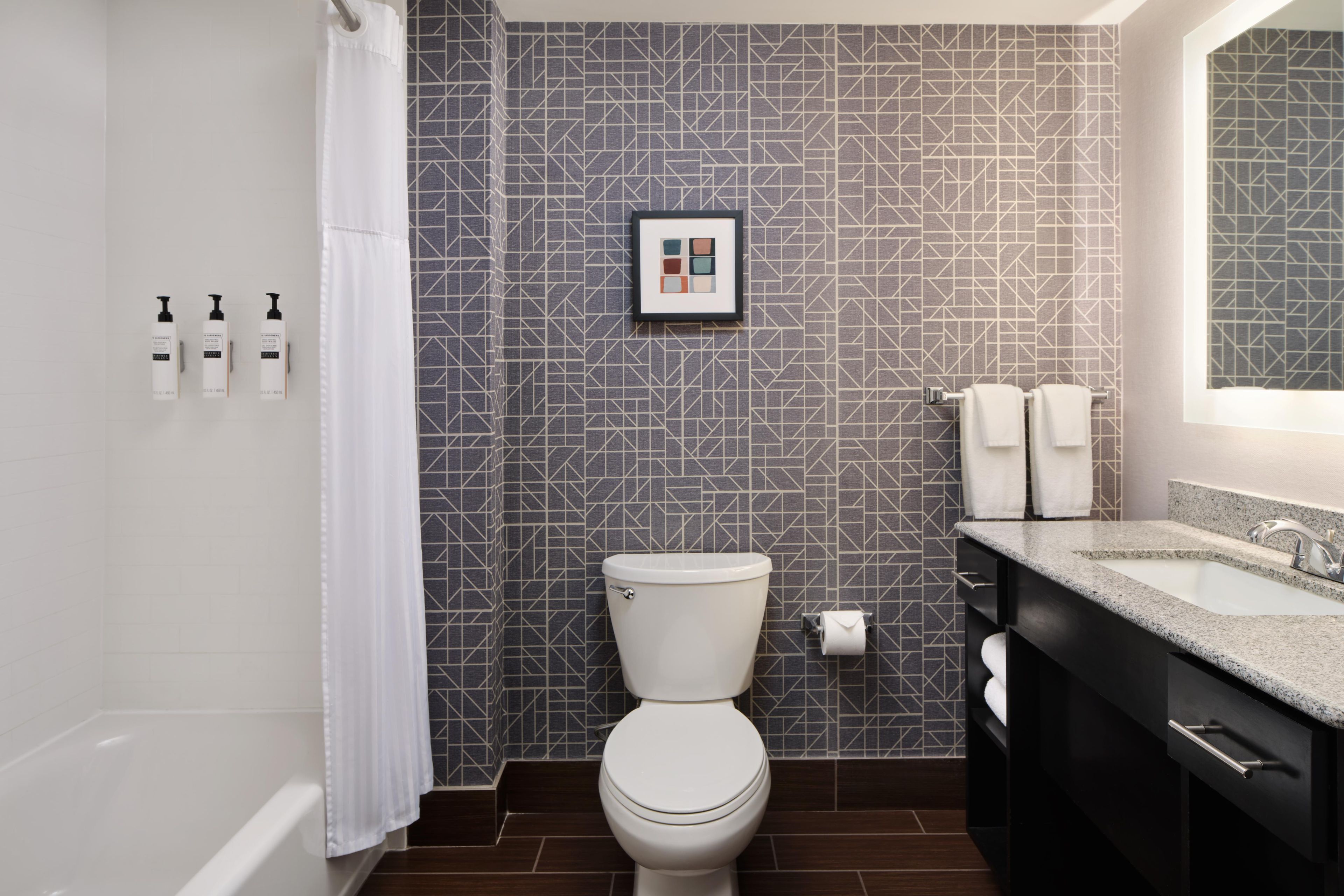 Een moderne badkamer met toilet, douche en wastafel.