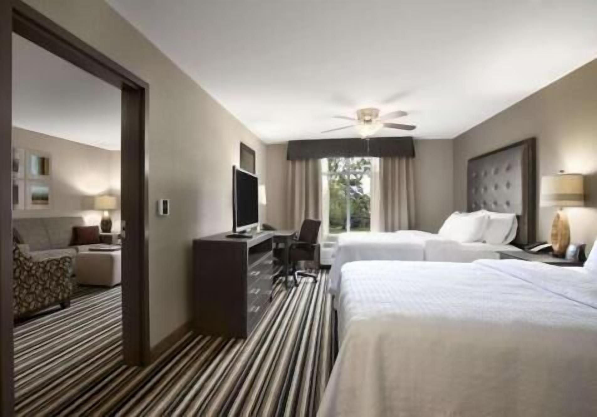 Desk, laptop workspace, blackout curtains, iron/ironing board