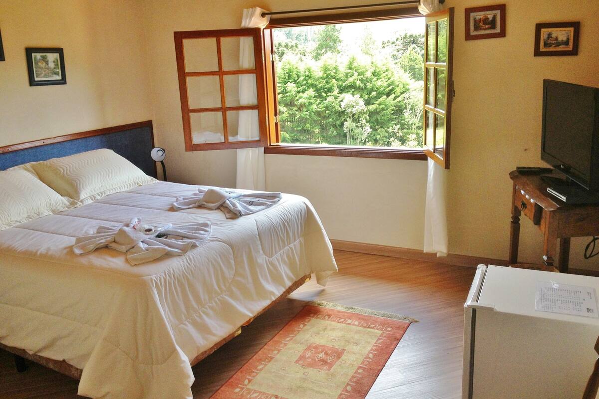 Habitación de hotel con cama, ventana con vistas a zonas verdes, televisor y una pequeña mesa.