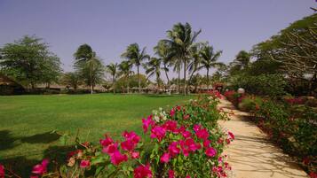 A pathway lined with vibrant flowers leading to a building with a thatched roof.