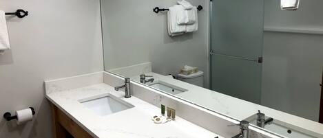 Ein Badezimmer mit zwei Waschbecken, einem großen Spiegel und einem Handtuchhalter.
