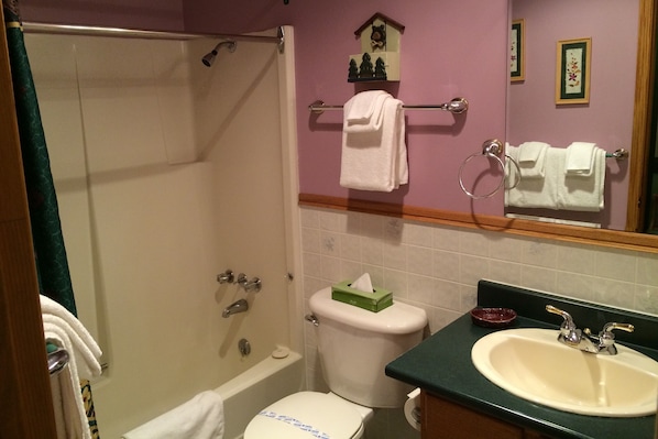 Un baño con ducha, inodoro, lavabo y toallero.