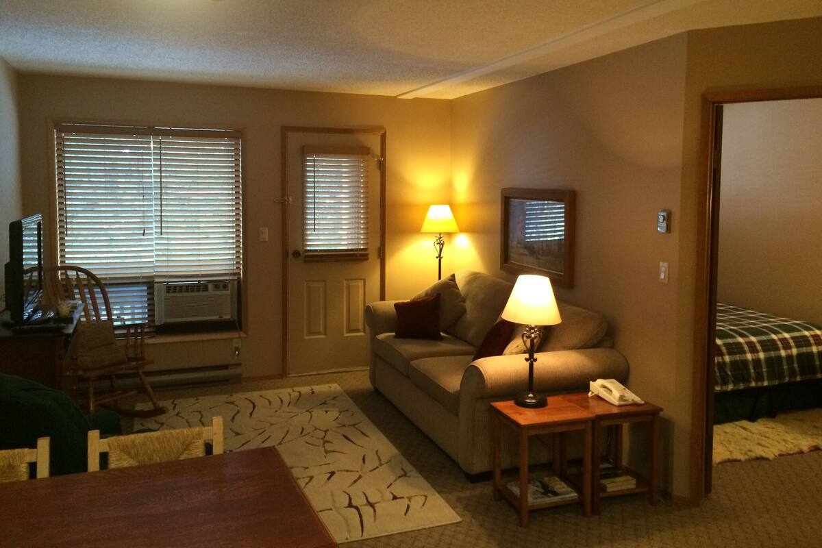 Un salon confortable avec un canapé, une lampe, une petite table et un lit.