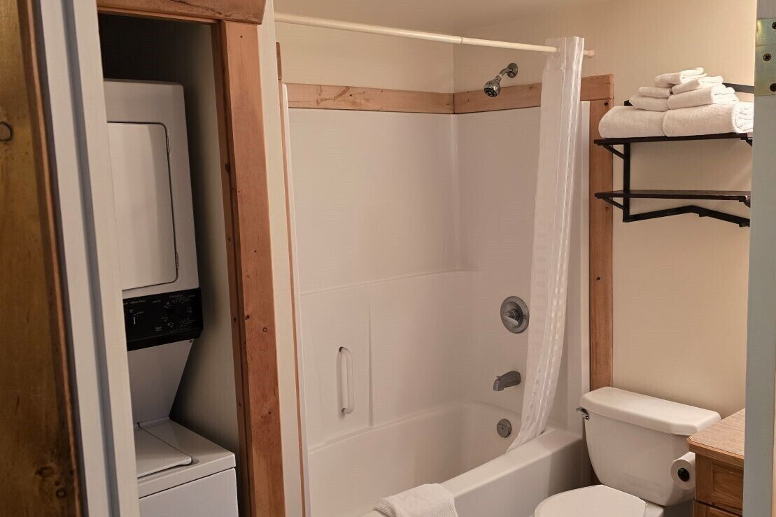 A bathroom with a shower, toilet, and a built-in washing machine.