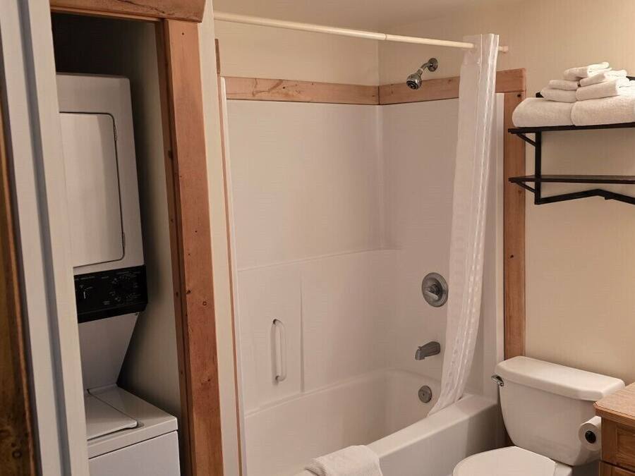 A bathroom with a shower, toilet, and a built-in washing machine.