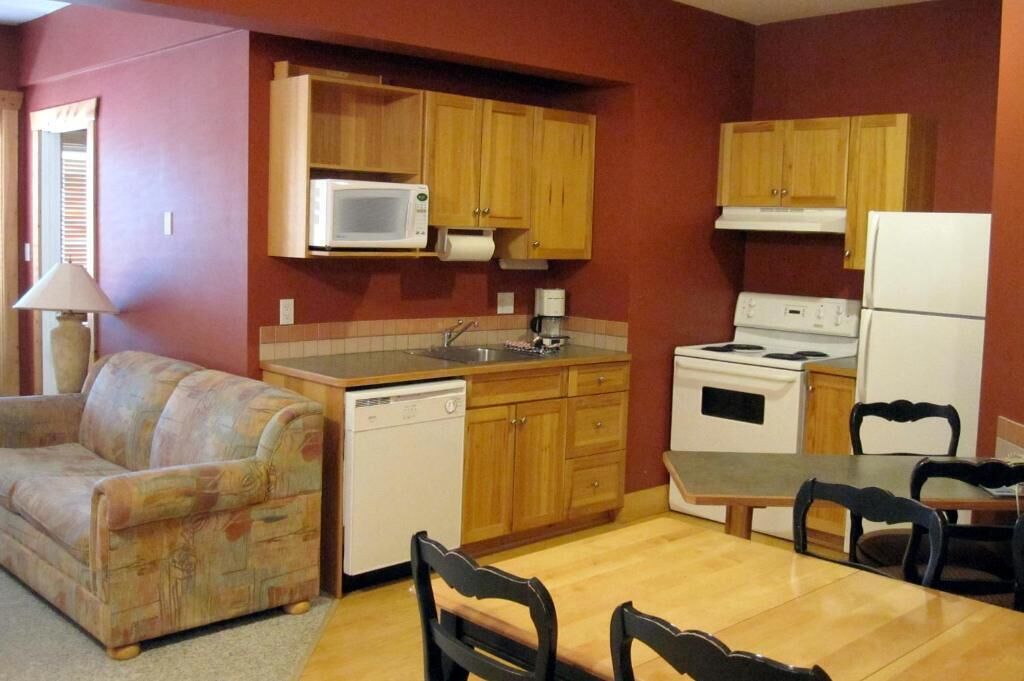 A compact kitchen with wooden cabinets, a microwave, a stove, and a dishwasher. There is a dining table with chairs and a sofa in the living area.