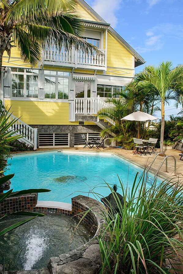 Outdoor pool, pool umbrellas, pool loungers