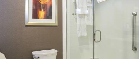 A bathroom with a toilet, a framed picture on the wall, and a glass shower enclosure.