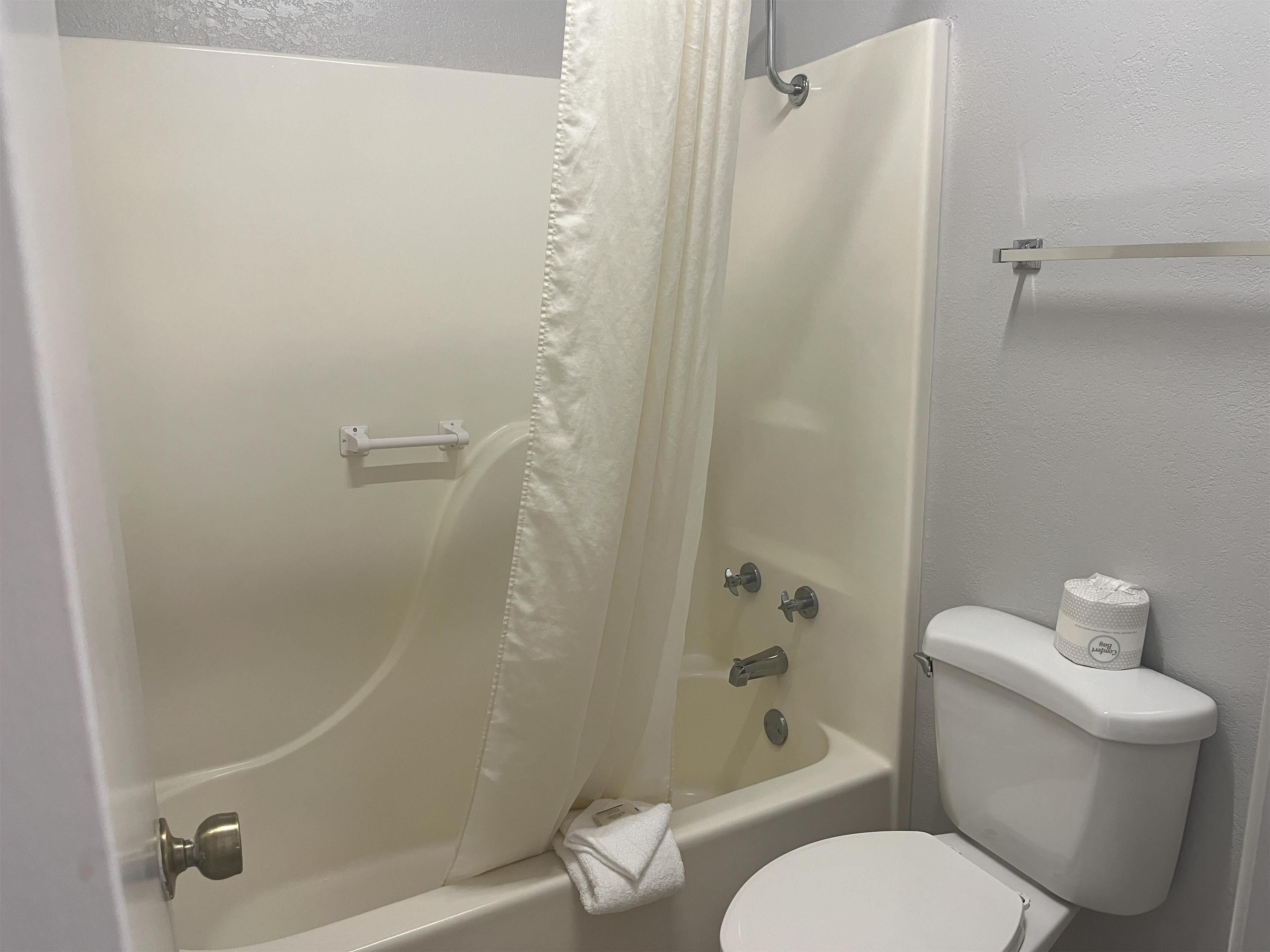 A bathroom with a bathtub, toilet, and shower curtain.