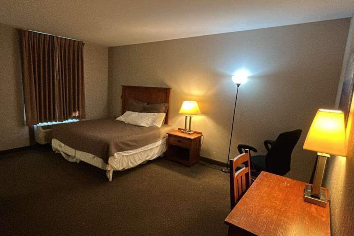 Habitación de hotel con una cama individual, una mesita de noche con lámpara, una silla y un cubo de basura.