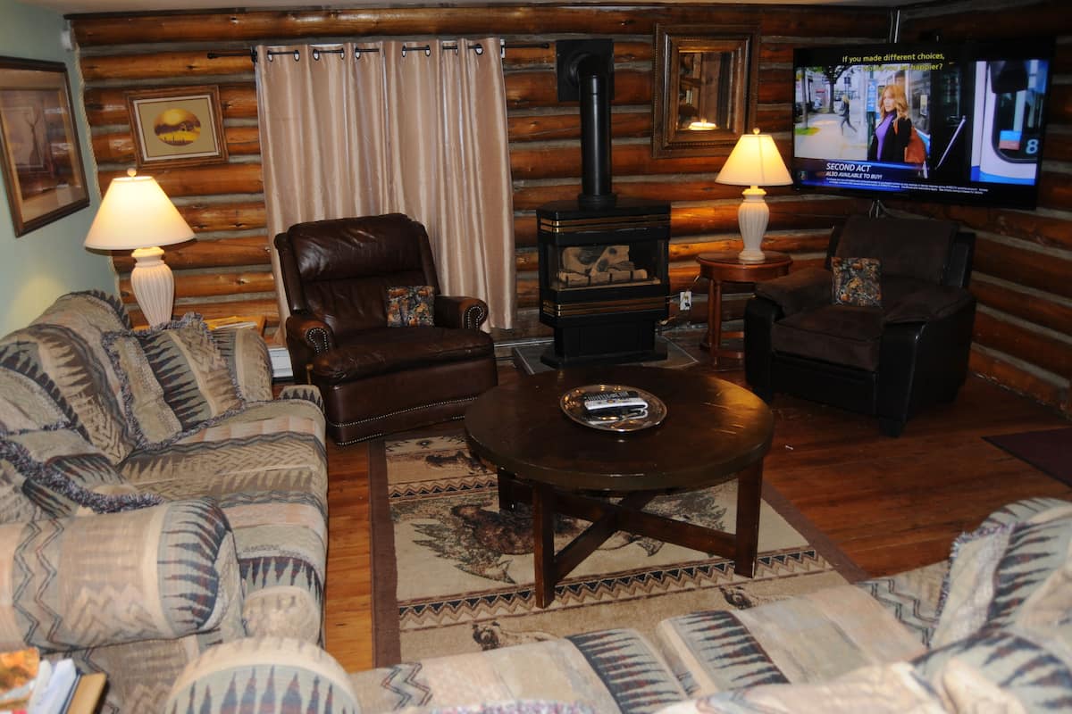 L’intérieur d’un chalet confortable, avec des murs en bois, une cheminée, deux fauteuils en cuir, un canapé et un téléviseur diffusant un programme d’information.