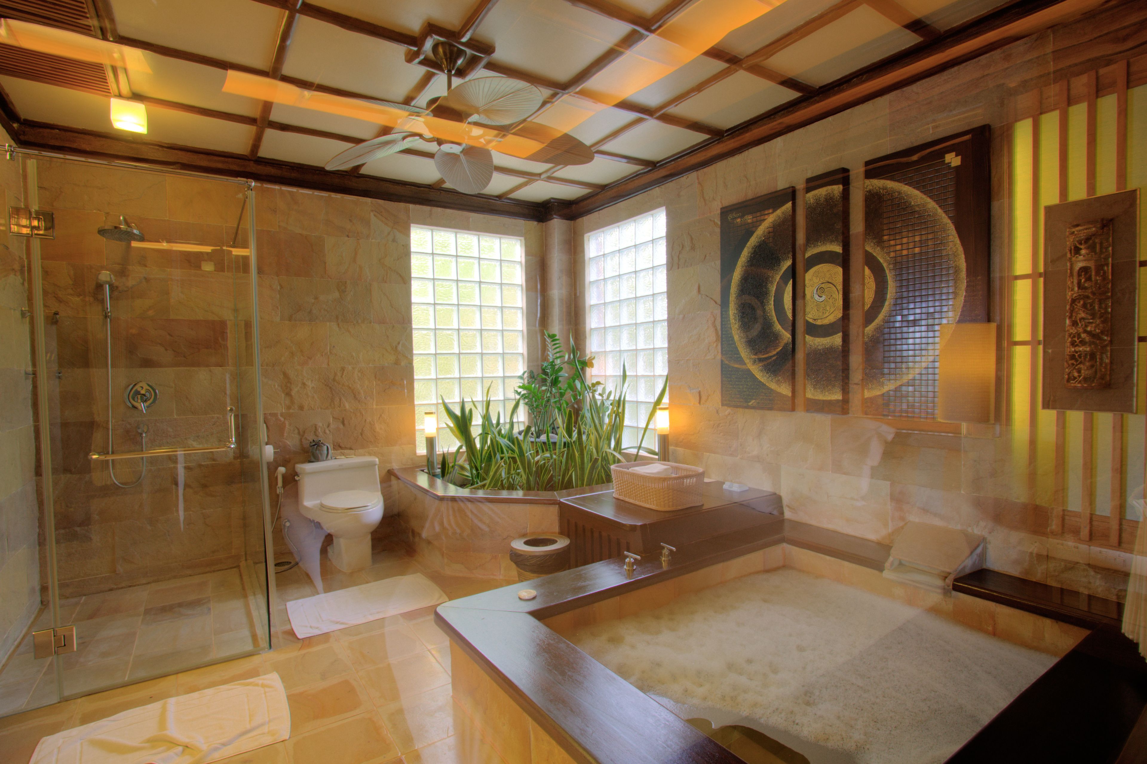 suite | bathroom | shower, hair dryer, bathrobes, slippers