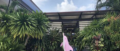 A dolphin statue in a fountain surrounded by tropical plants.