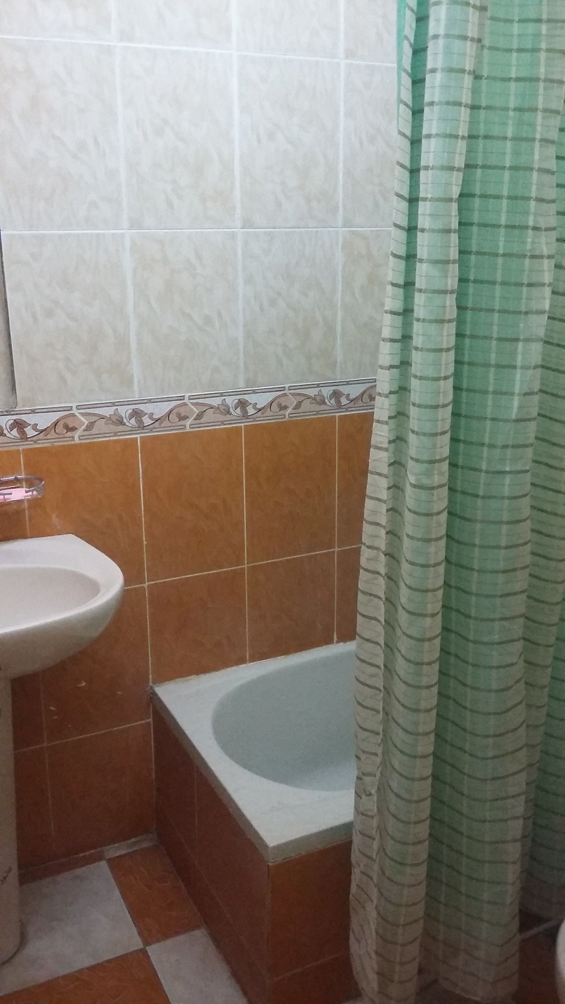Un baño con lavamanos, bañera y cortina de ducha.