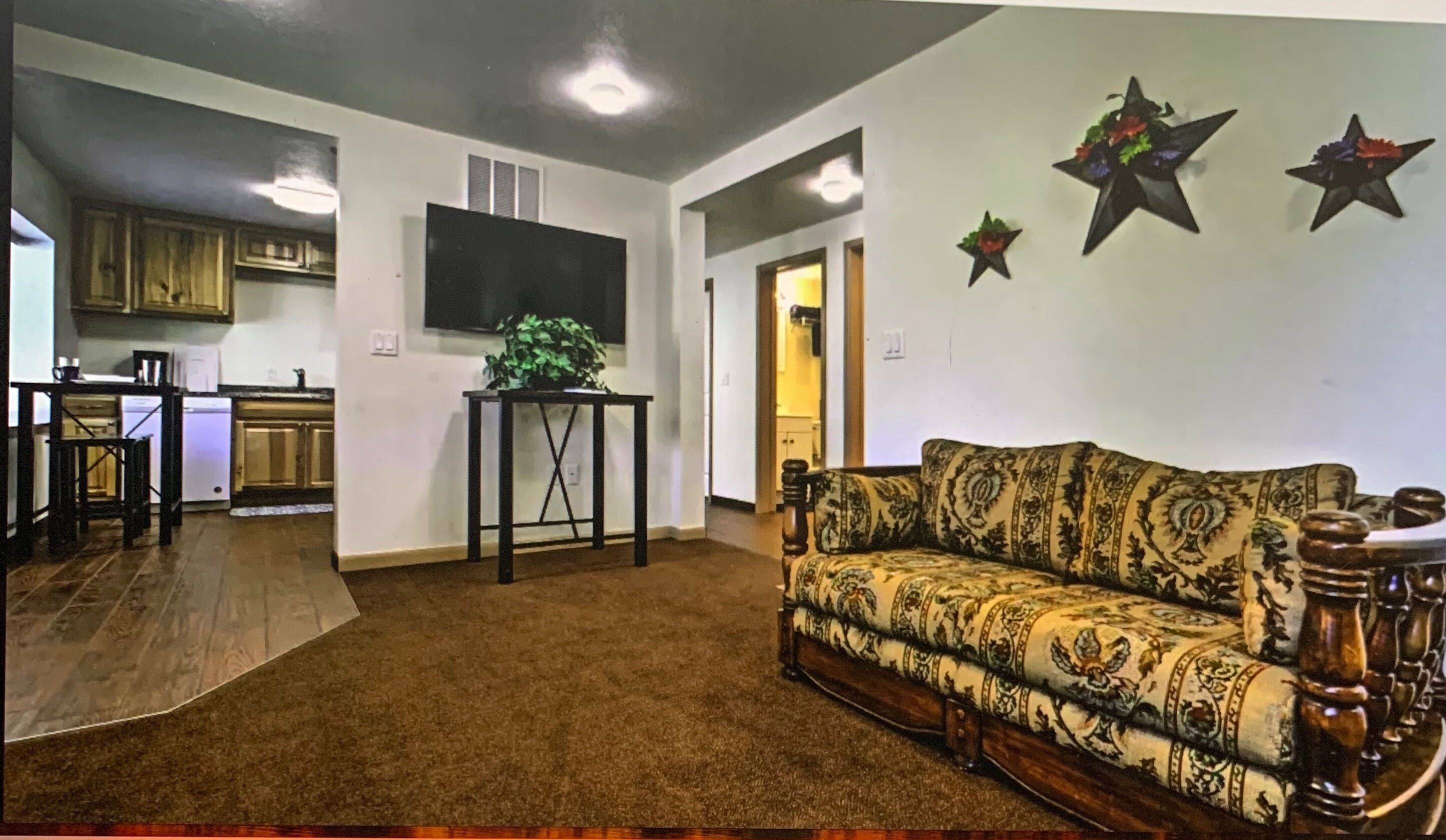 A living room with a sofa, a TV, and a small table with a plant. There is a kitchen in the background with cabinets and a dishwasher.
