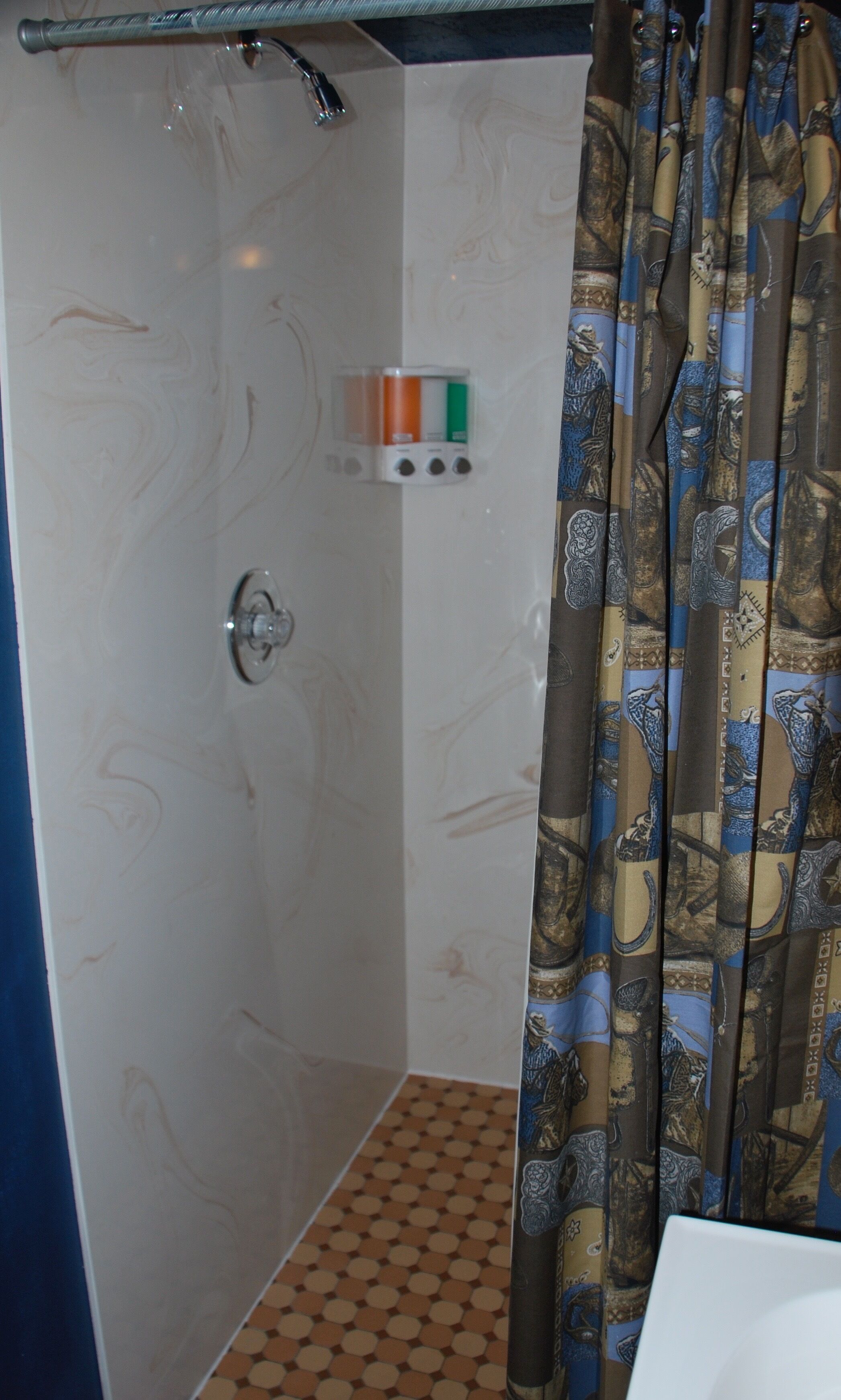 Una doccia con porta in vetro, dispenser di sapone a parete e tende da bagno decorate.