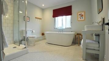 Shower, rainfall showerhead, hair dryer, towels