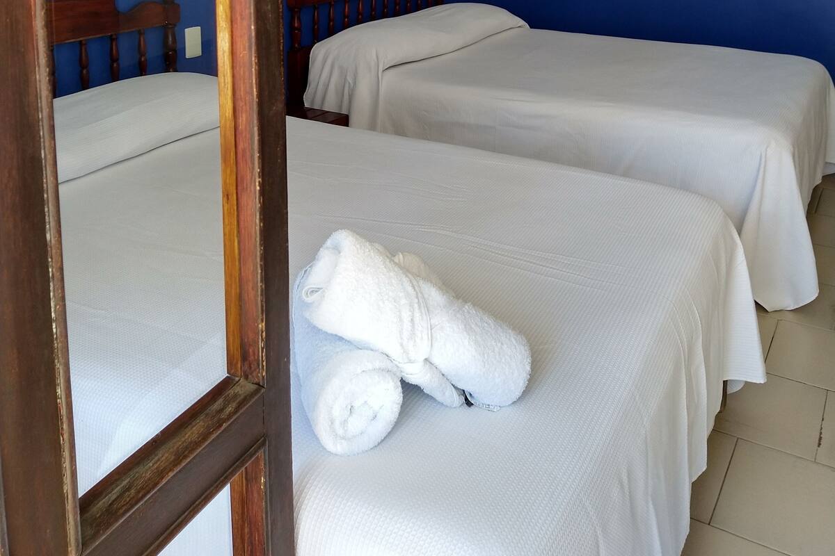 A room with two beds, a wooden headboard, a white towel, and a blue wall.