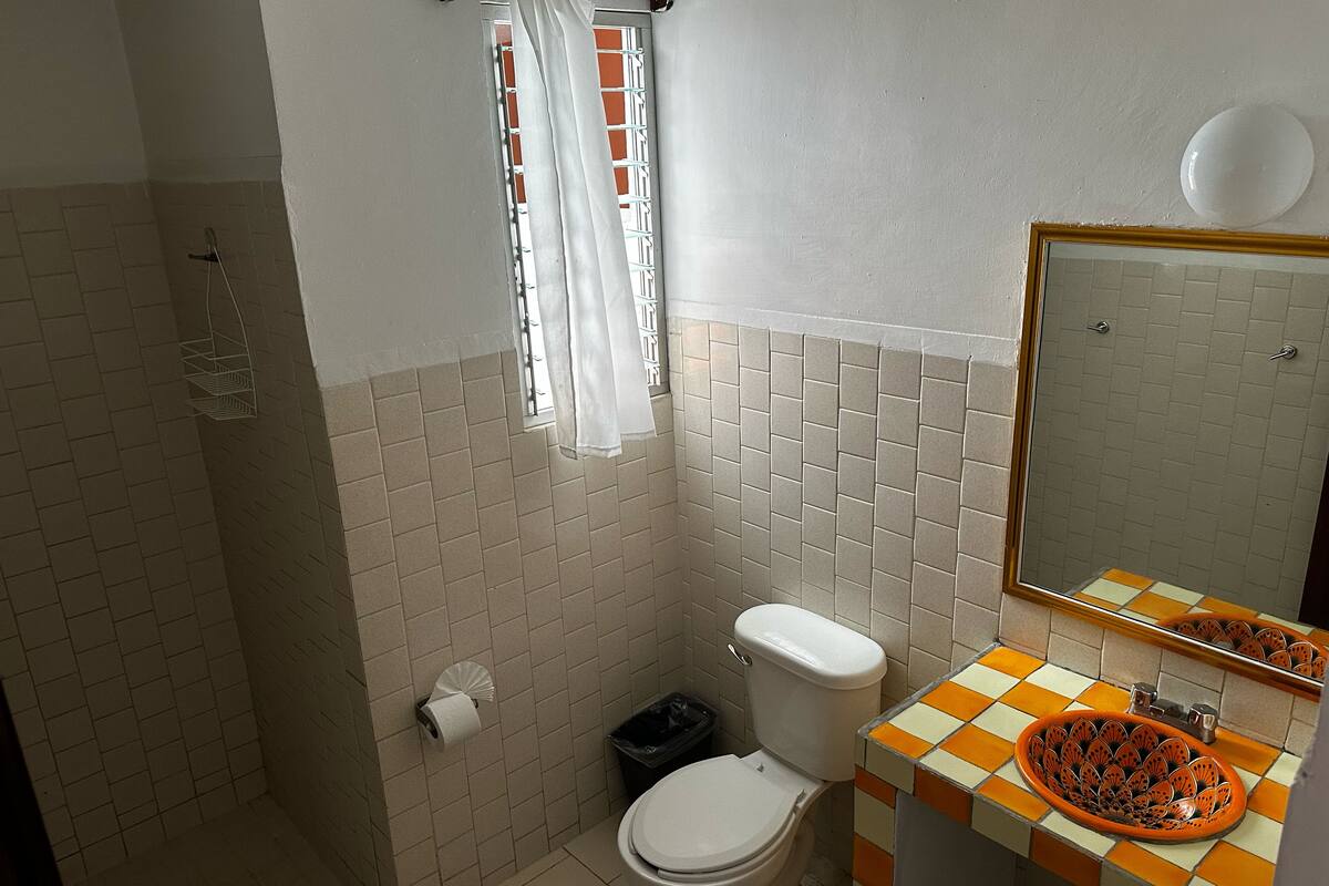 traditional double room | bathroom | shower, towels, soap, toilet paper