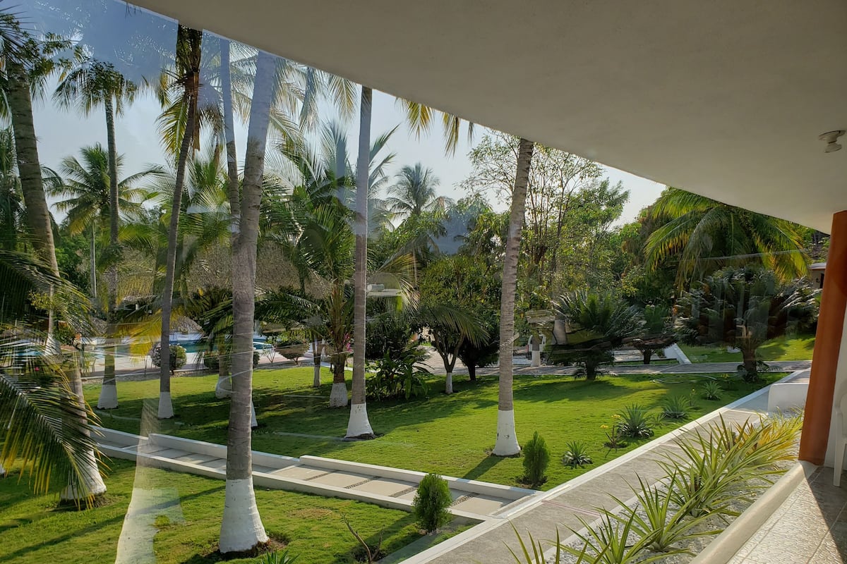 A view of a well-maintained garden with palm trees, a pathway, and a pool area.
