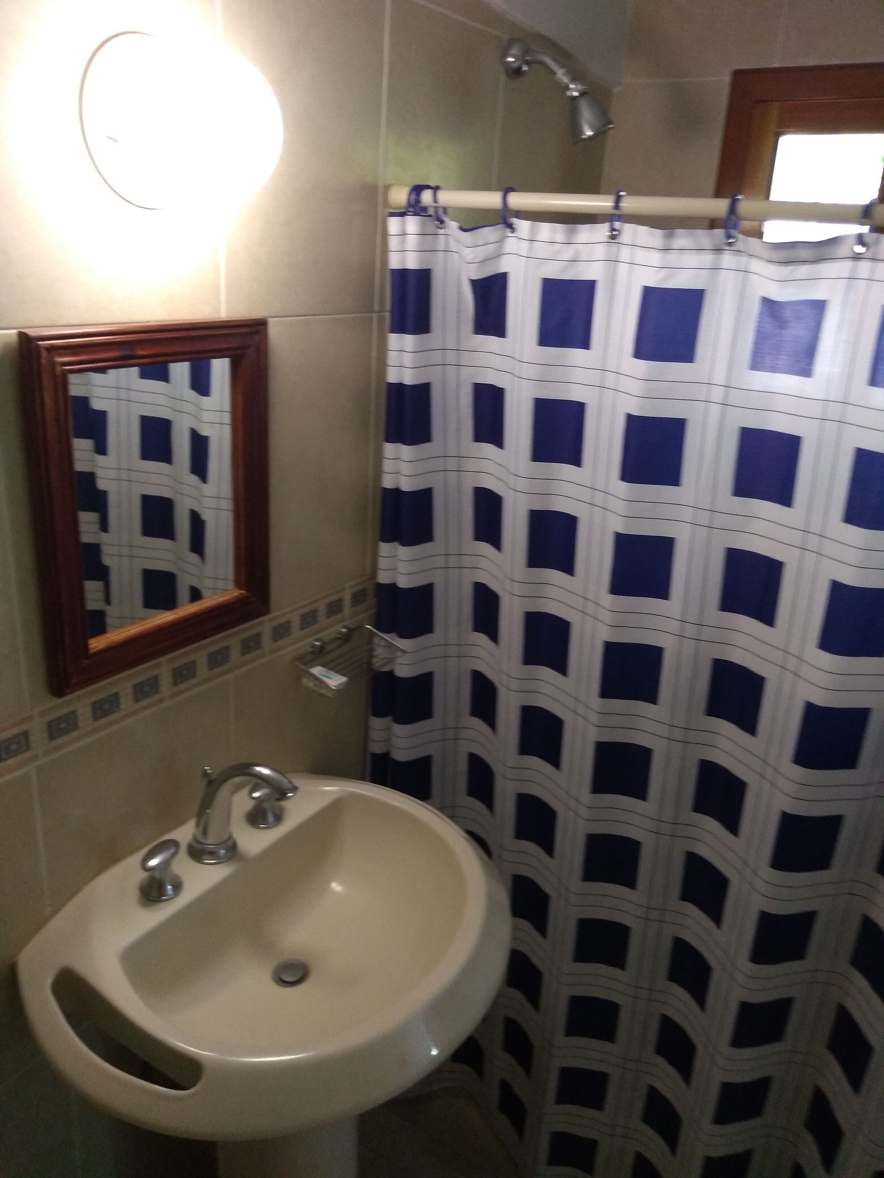 Un baño con lavamanos, espejo y cortina de ducha.
