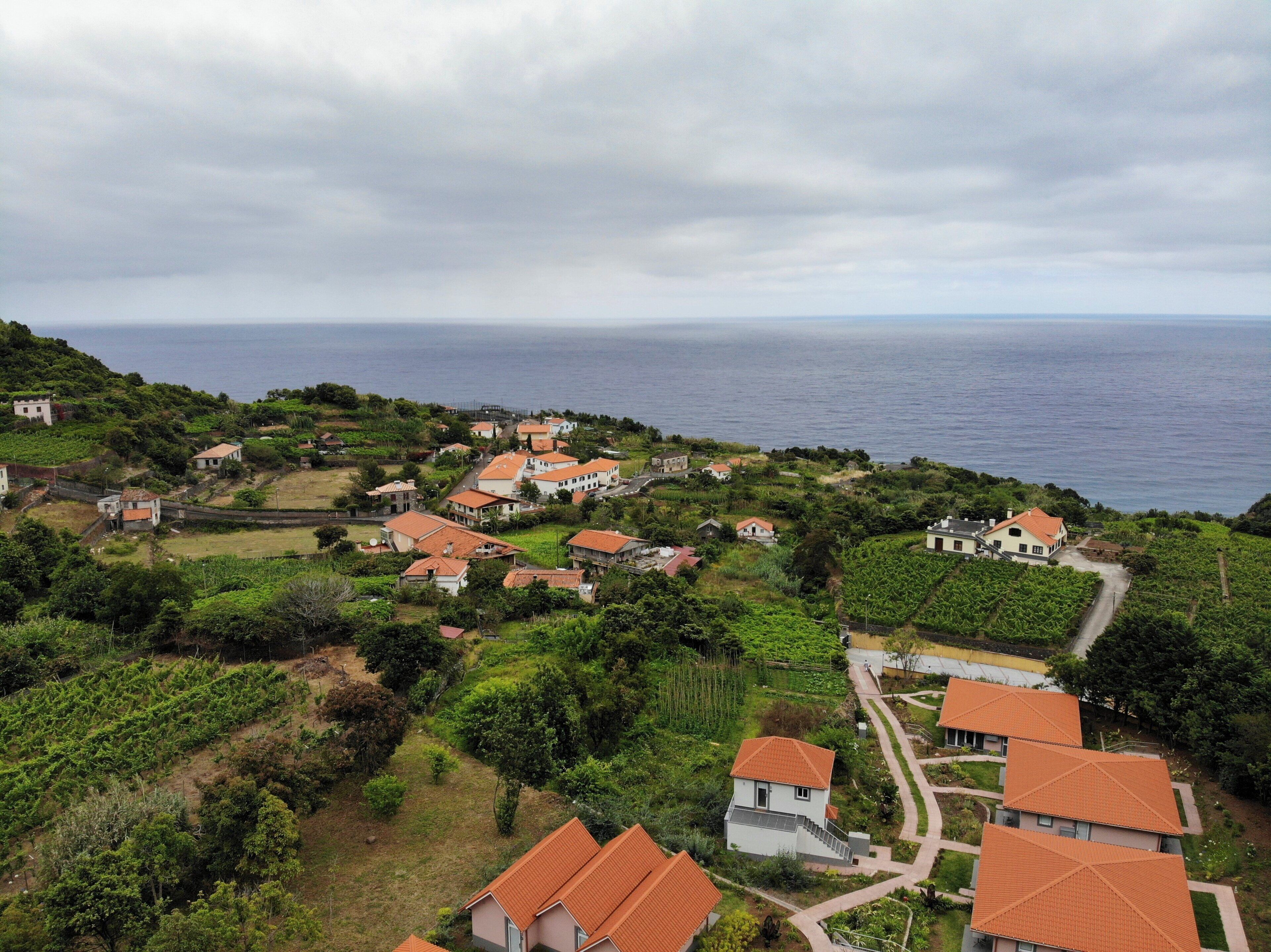 Un pueblo costero con casas escalonadas, una vista despejada del mar y un camino sinuoso.