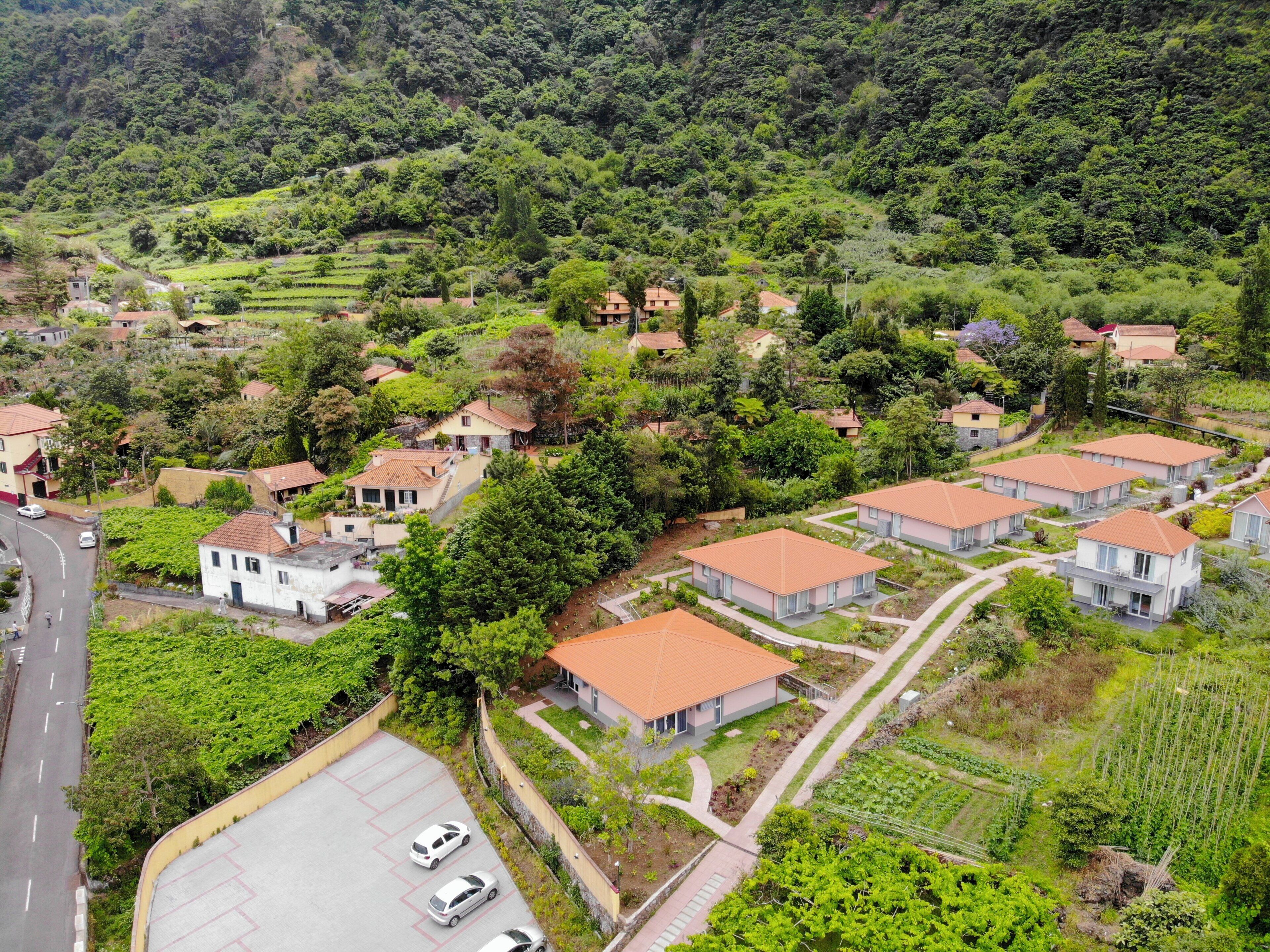 A residential area with houses, a road, and surrounding greenery.
