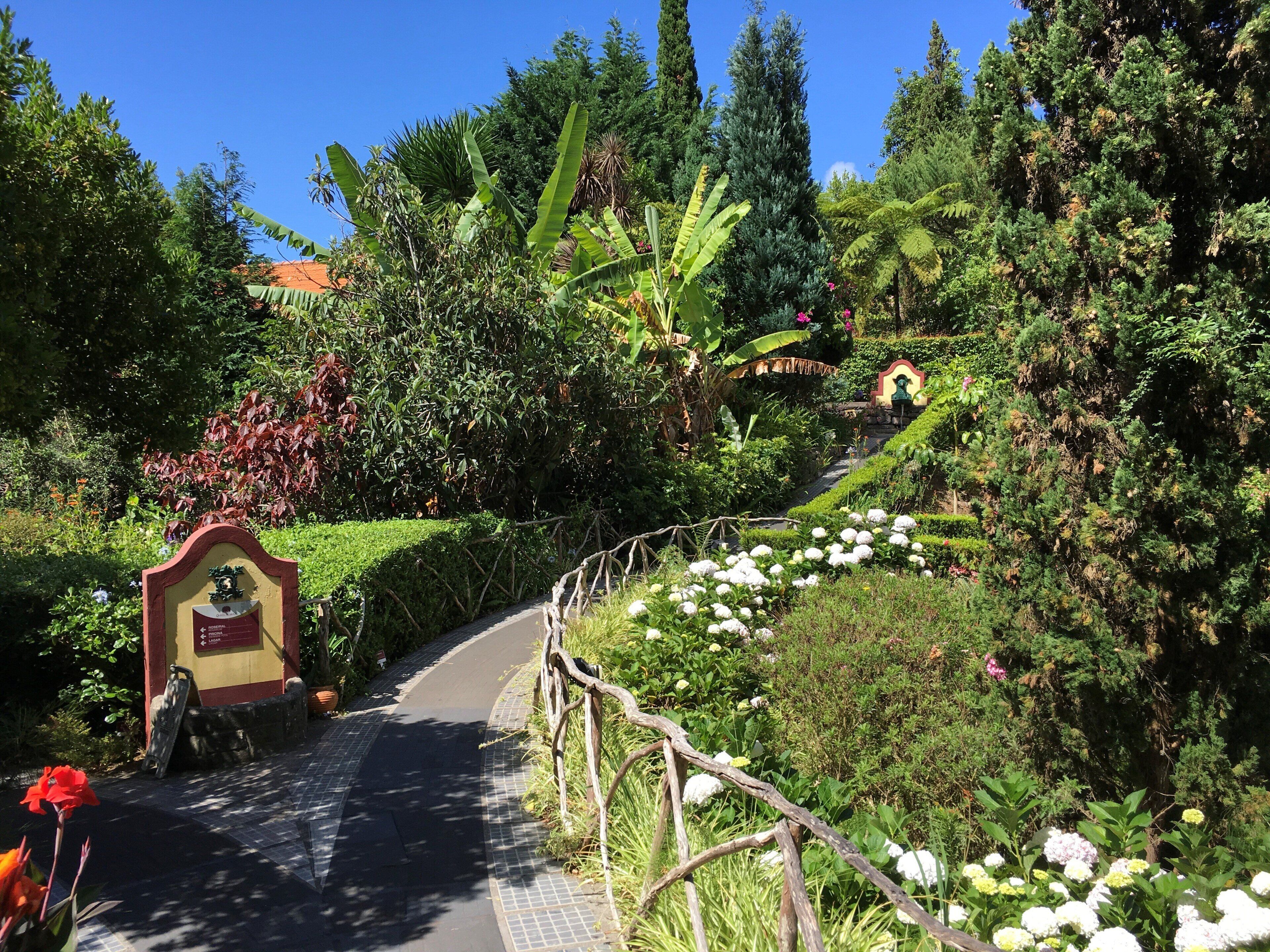 Uma trilha em um jardim com um sinalizador, cercada por diversas plantas e árvores.