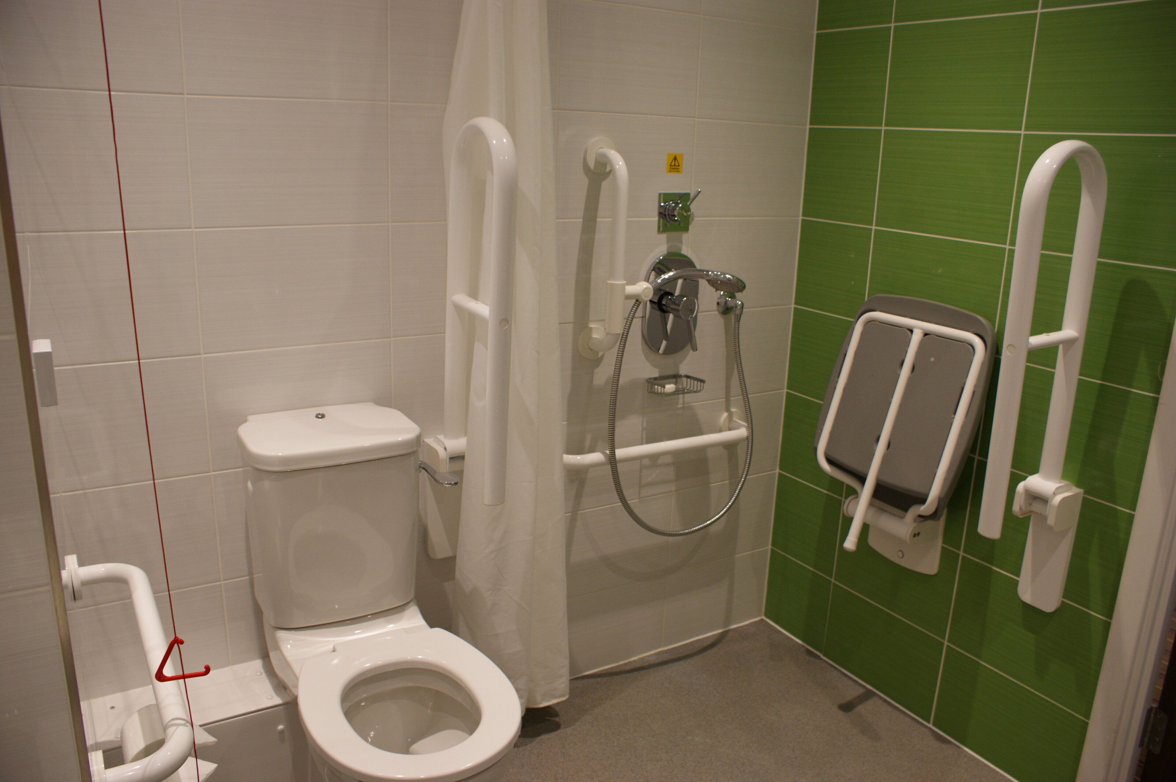 A small bathroom with a toilet, a shower, and a grab bar.