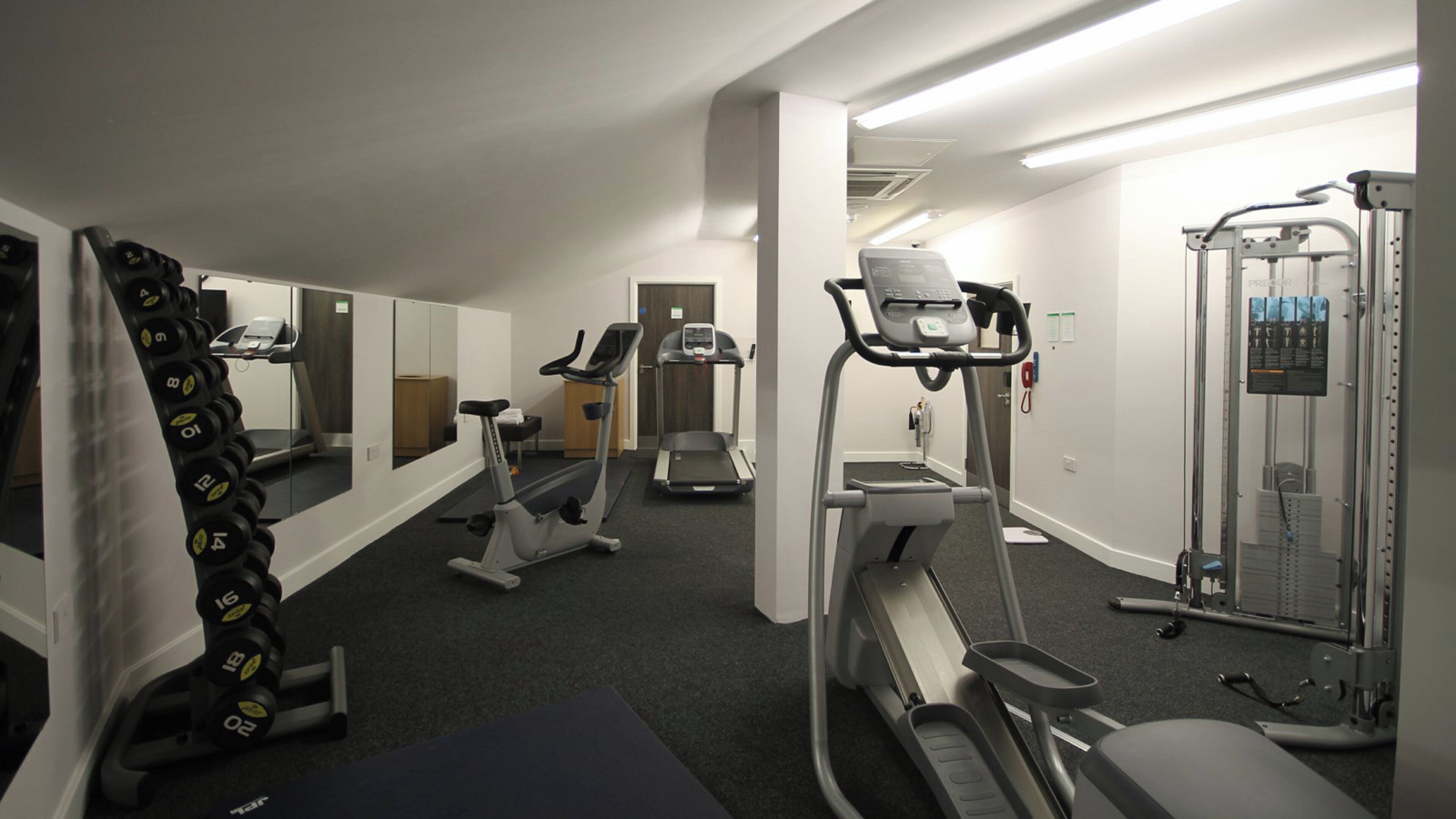 A gym with cardio machines, weightlifting equipment, and mirrors.
