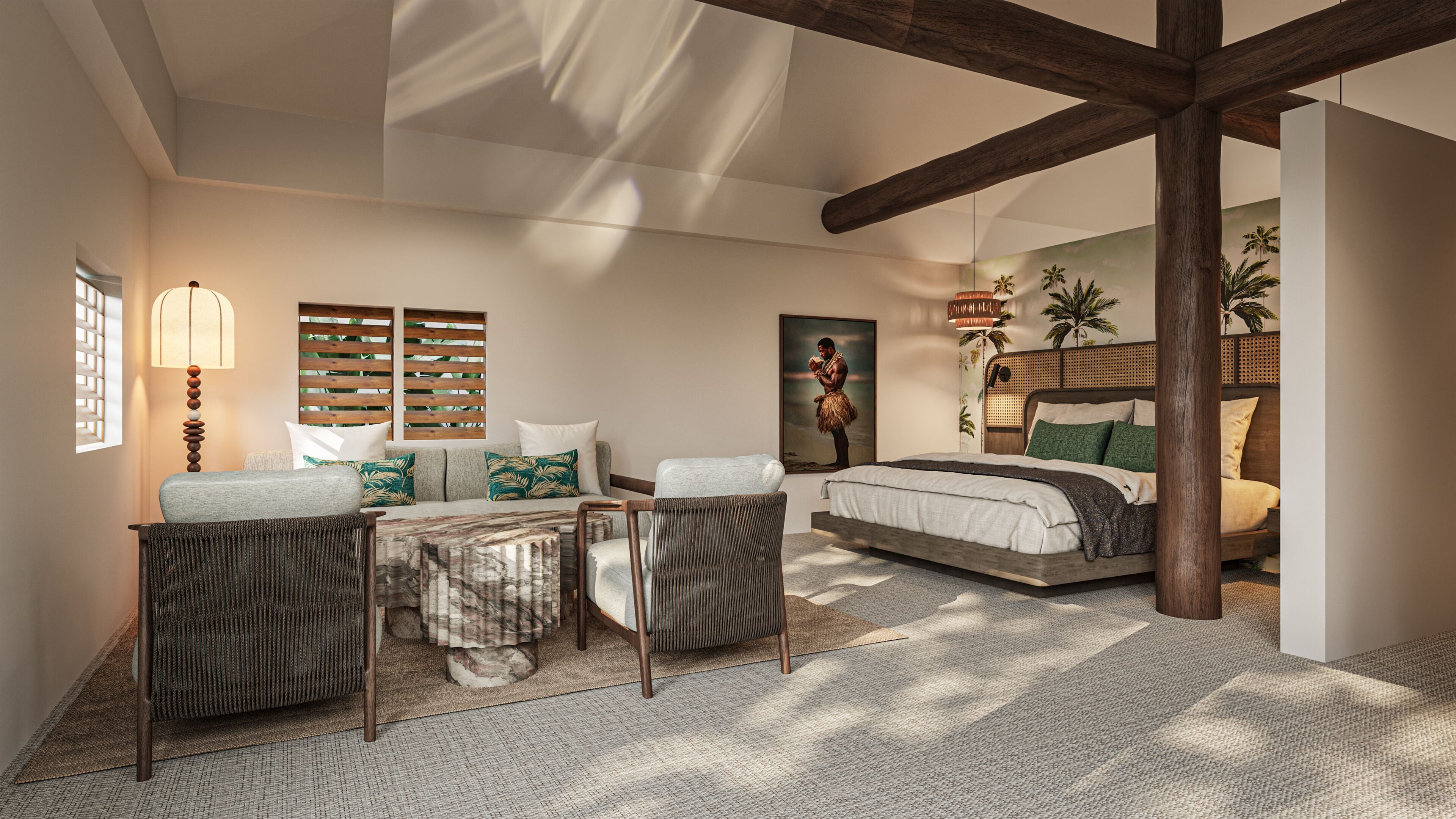 Une chambre à coucher comprenant un lit, un canapé, deux fauteuils, une lampe, un tableau et une fenêtre avec des stores.