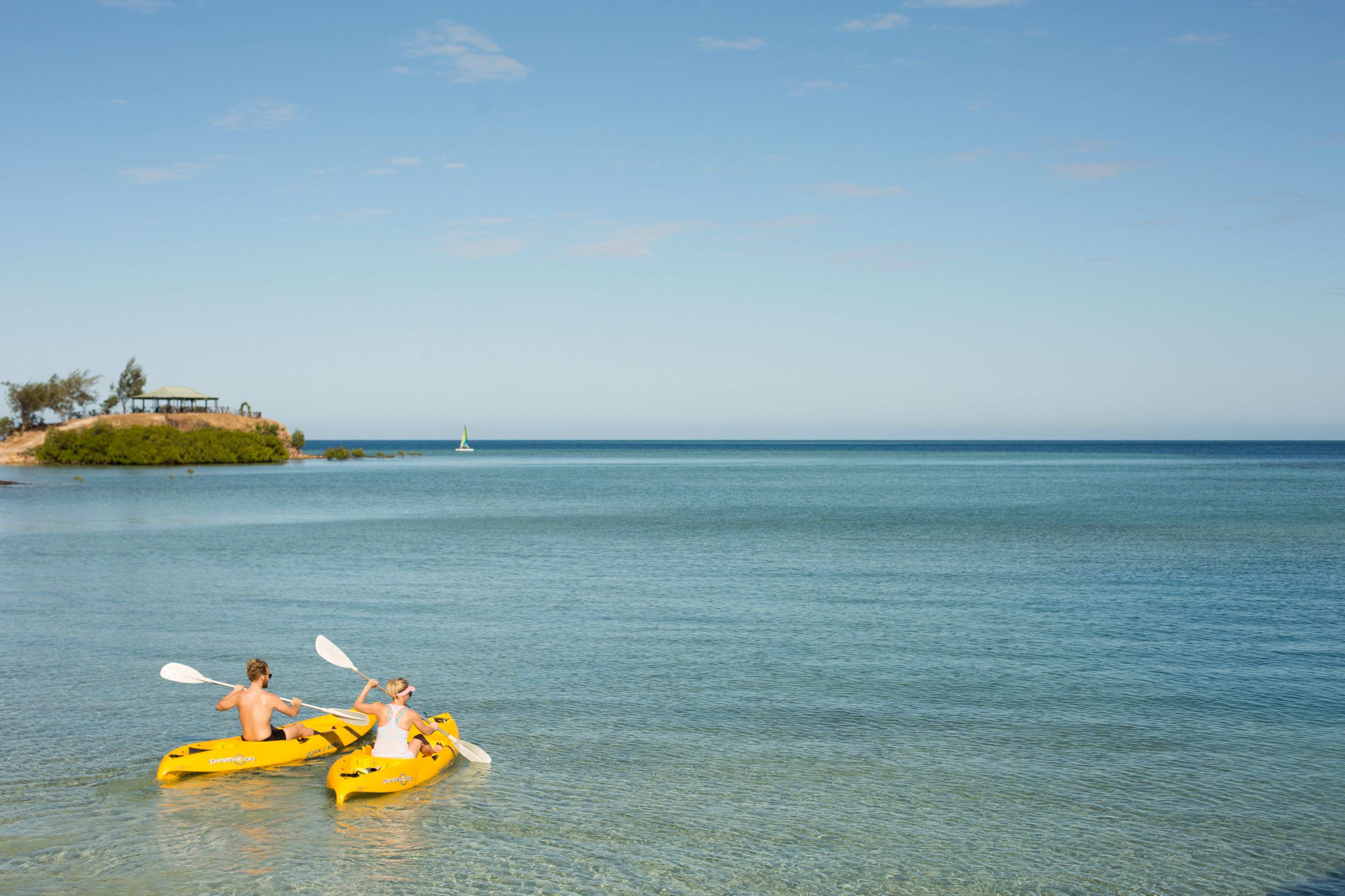 Two people kayaking on a calm sea with a clear sky.