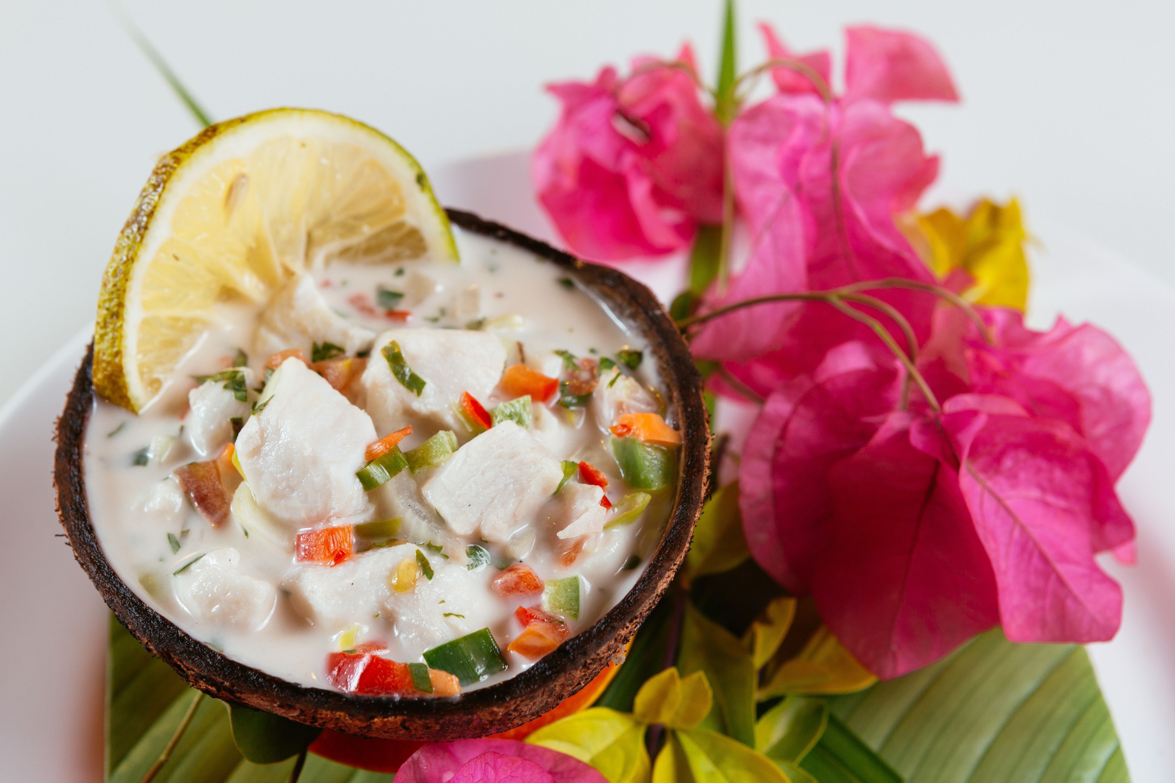 A bowl of creamy soup with chunks of chicken and vegetables, garnished with a slice of lime, surrounded by vibrant pink flowers.