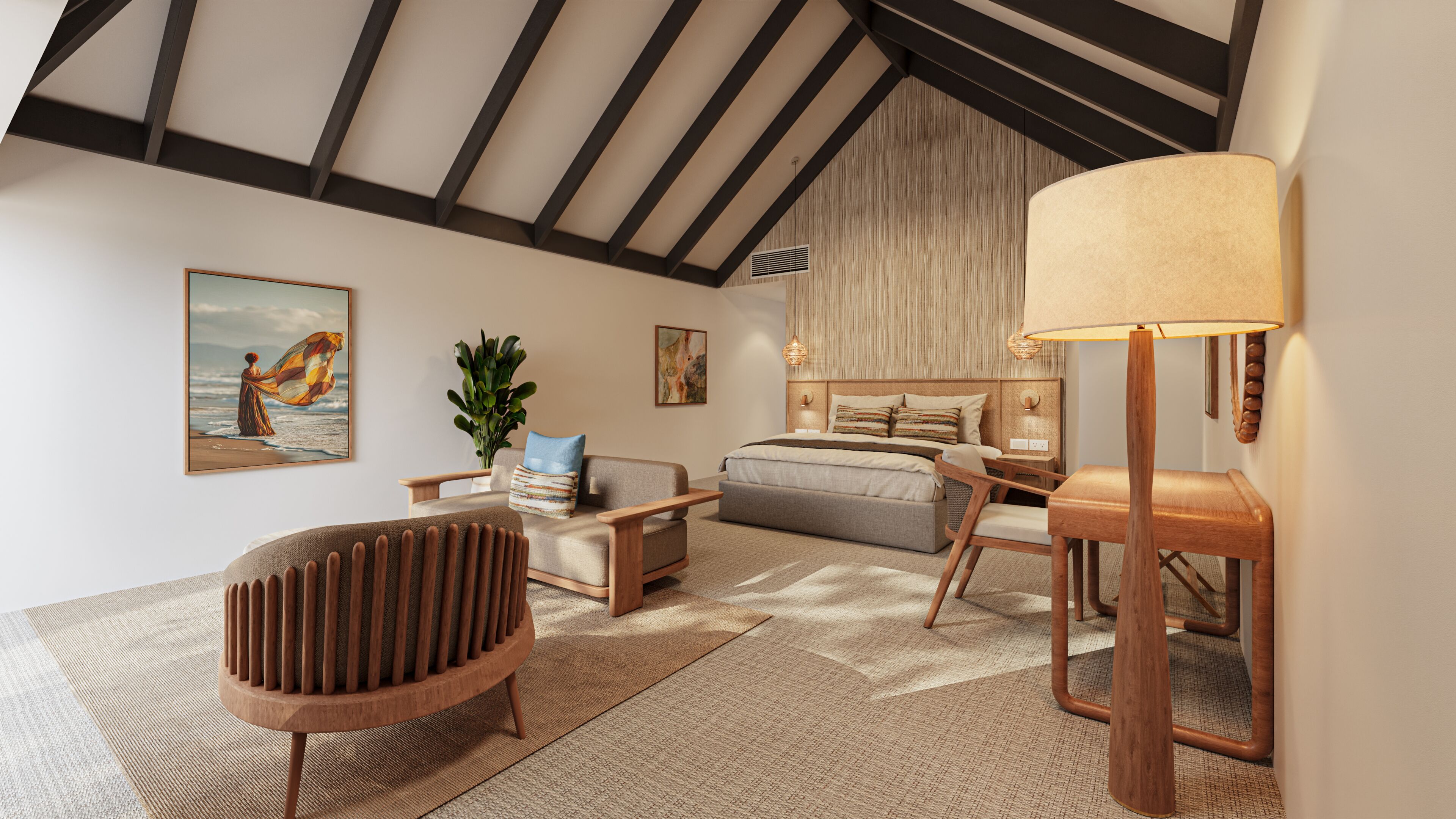 A modern bedroom with a large bed, a wooden chair, a bedside table, and a floor lamp.