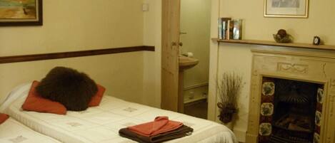A hotel room with two beds, a fireplace, a bathroom, and artwork on the walls.