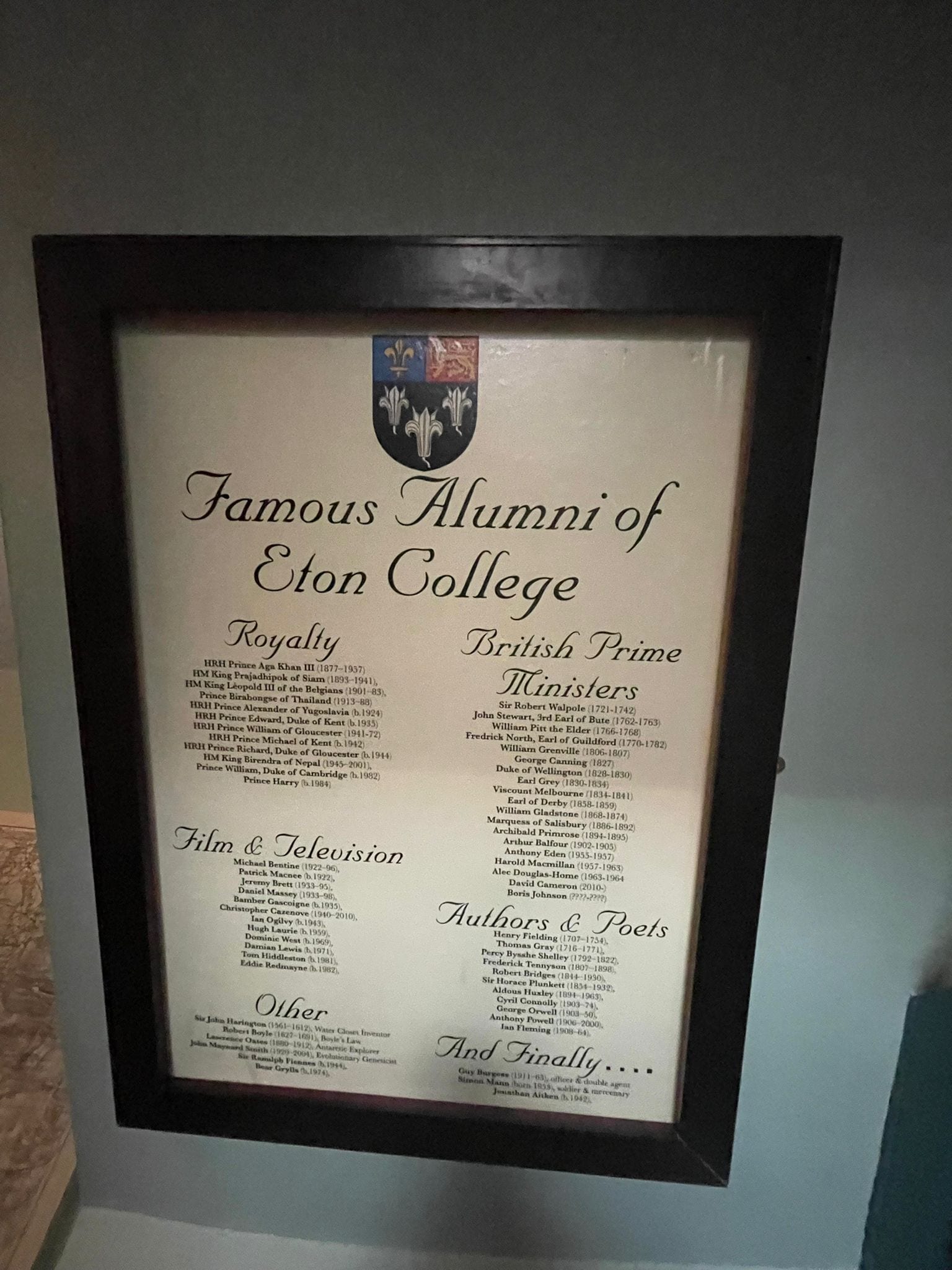 A framed alumni list of Eton College.