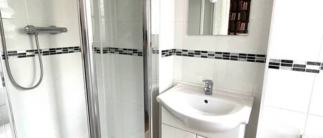 A modern bathroom with a glass shower enclosure, a white sink, and a mirror above it.