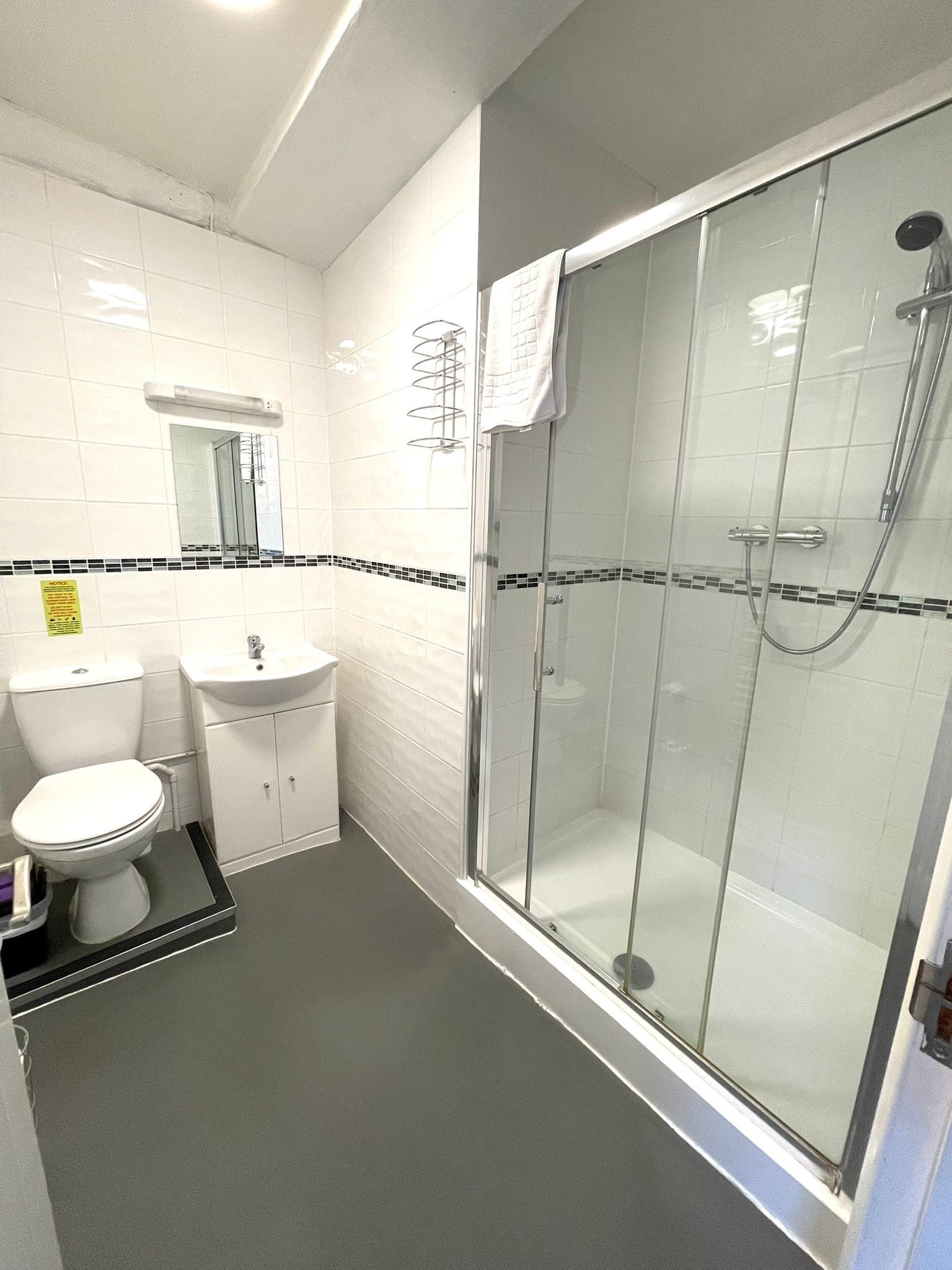 Une salle de bain équipée de toilettes, d’un lavabo et d’une douche à parois de verre.