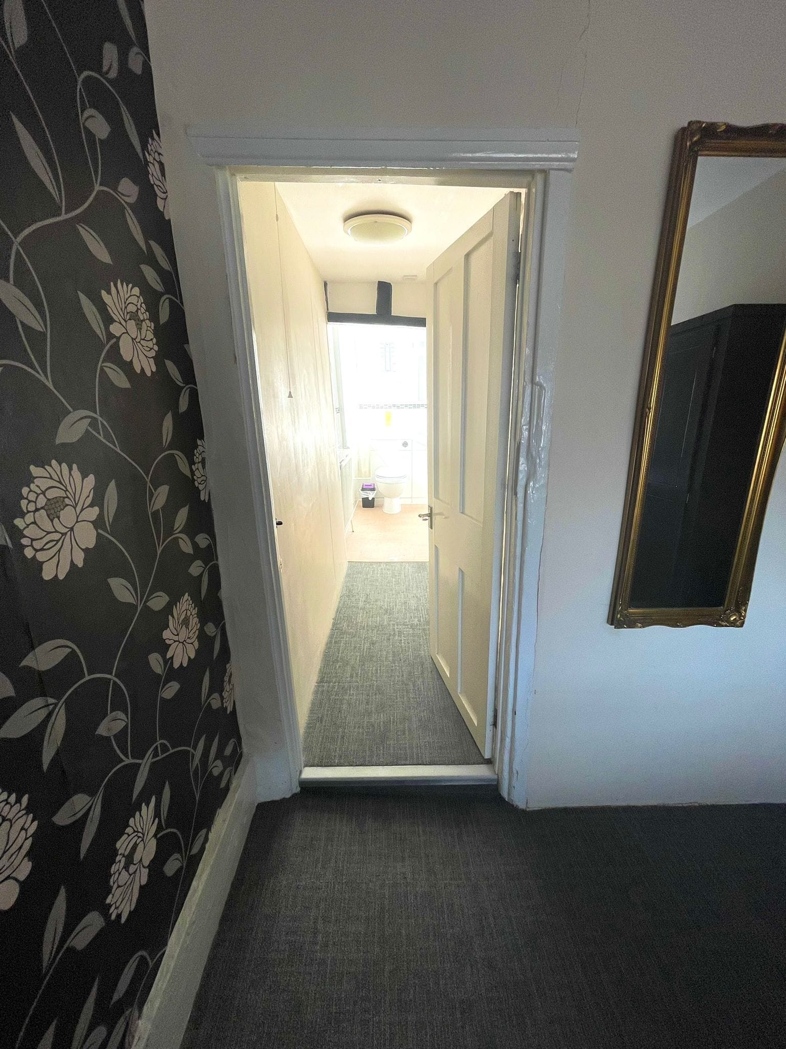 A narrow hallway with a carpeted floor, a door leading to a bathroom, and a mirror on the wall.