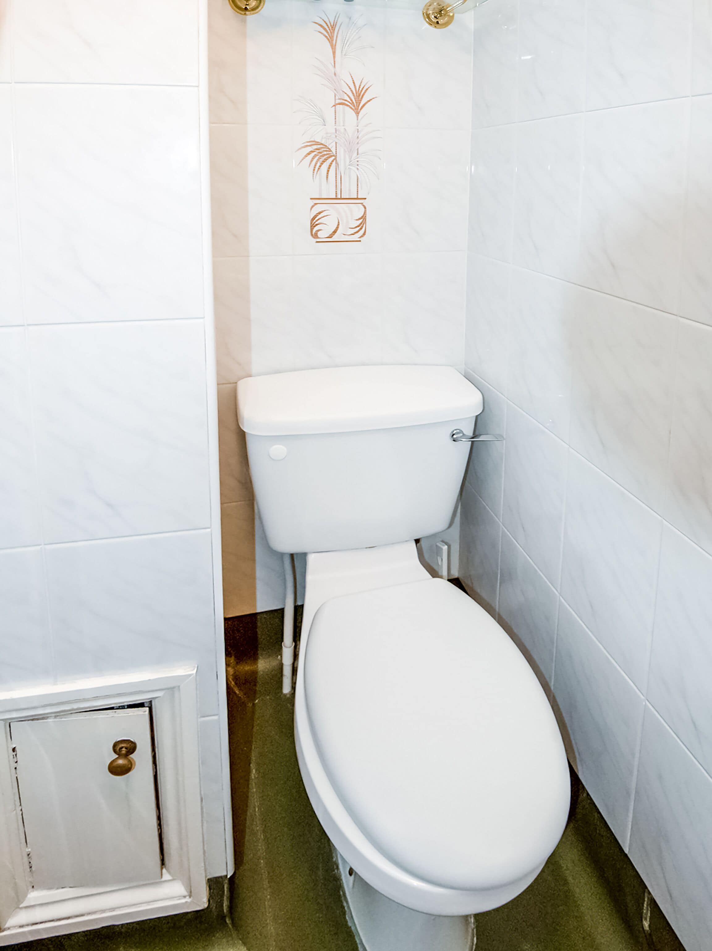 A bathroom with a white toilet, a marble wall, and a decorative plant design.