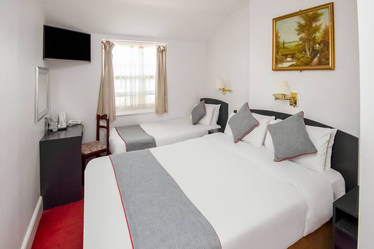 Una habitación de hotel con una cama grande, otra más pequeña, un escritorio con silla, un televisor y un cuadro en la pared.